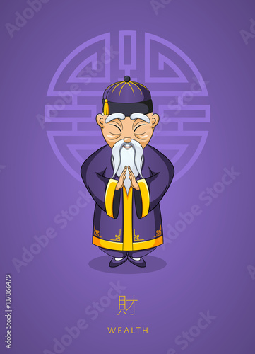 Cartoon hand drawn Asian wise old man in traditional clothes on background color of the year, ultra violet. Сoncept for Chinese New Year Illustration.