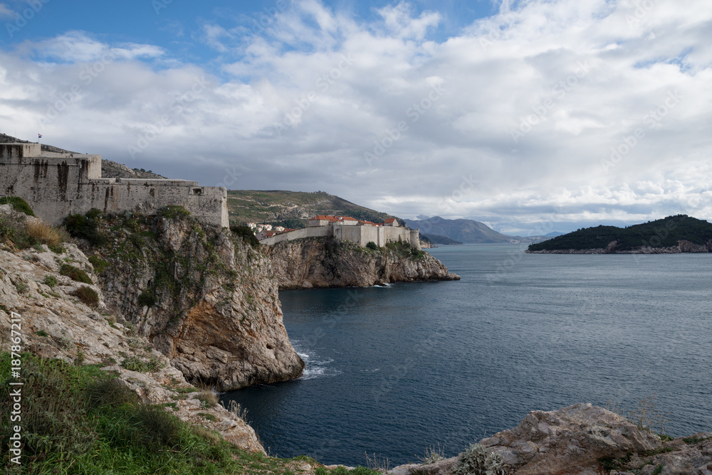 View of the old town and fortification wall in Dubrovnik, Croatia, on a winter day
