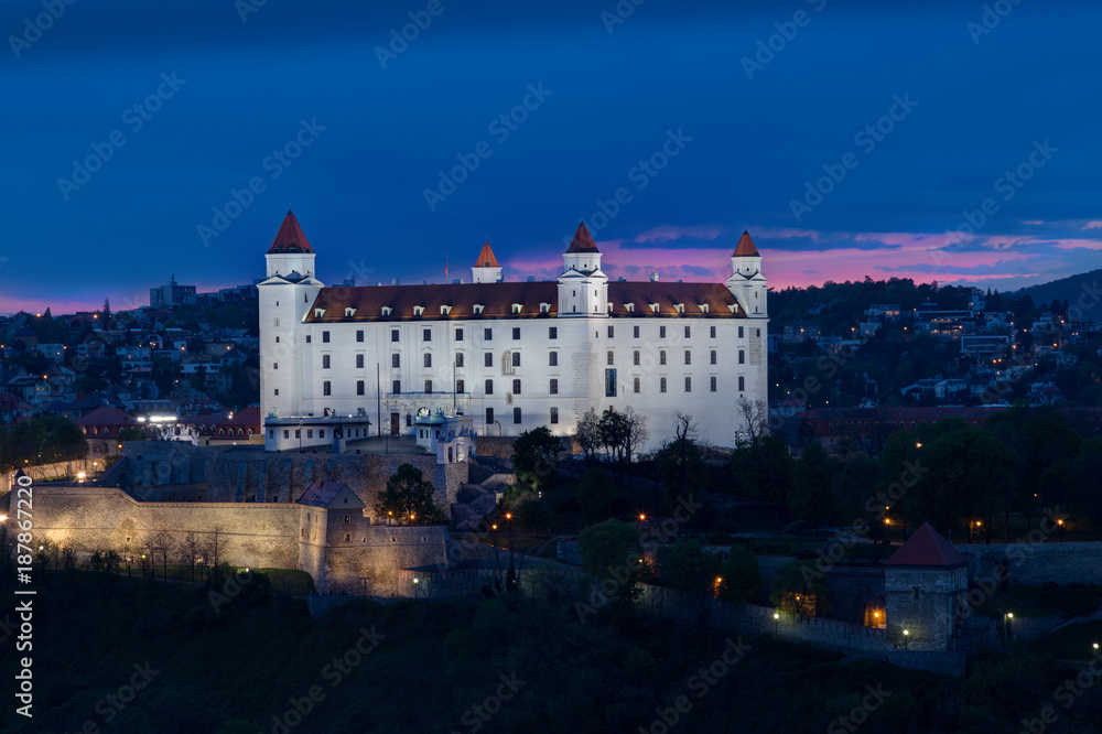 Bratislava castle over Danube river in night , Bratislava, Slovakia