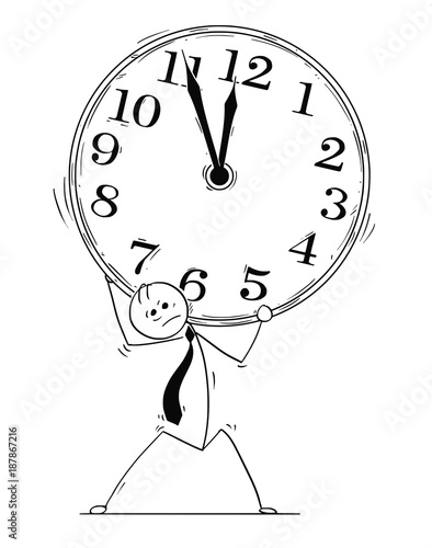 Conceptual Cartoon of Businessman Carry Large Clock