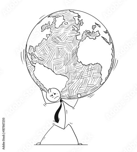 Conceptual Cartoon of Businessman Carry World Earth Globe on Shoulders