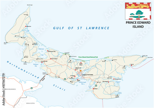 Prince Edward Island vector road map with flag