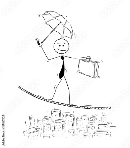 Conceptual Cartoon of Businessman Balancing on Rope