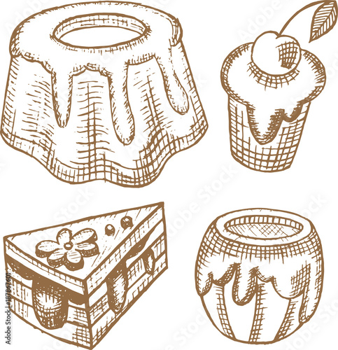 Vector hand drawn set of bakery, cake, muffin and pie illustrations. Flour fresh bread products.