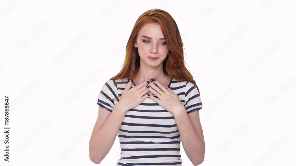 Redhead young lady isolated over white wall background try to keep calm emotional control herself Redhead young lady isolated over white wall background try to keep calm emotional control herself