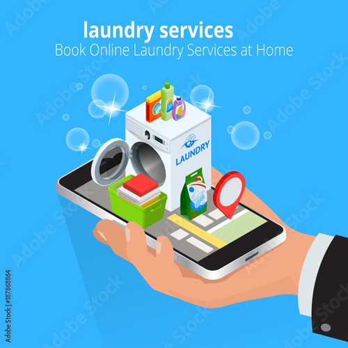 Isometric Man hand using smartphone booking Online Laundry Service. Book Online Laundry Services at the Home concept, App on the screen.