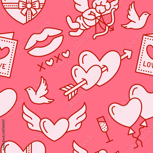 Valentines day seamless pattern. Love, romance flat line icons - hearts, chocolate, kiss, Cupid, doves, valentine card. Pink wallpaper for february 14 celebration.