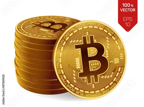 Bitcoin. 3D isometric Physical bit coin. Digital currency. Cryptocurrency. Stack of golden coins with bitcoin symbol.