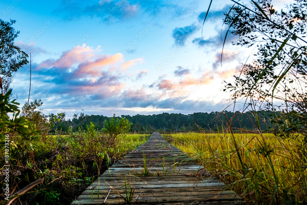 Fotografia wooden on pier on south carolina low country marsh at sunrise with cloudy sky