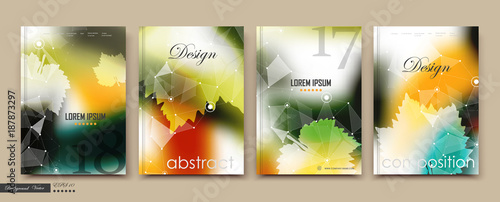 Green, yellow, orange maple leaves icon. Bright colored autumn text frame. A4 brochure cover design. Title sheet model set. Creative front page art. Ad banner theme. Eco flyer font. Vintage event card