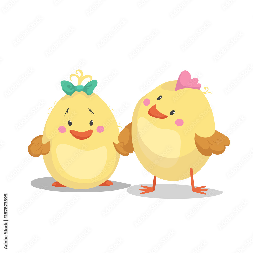 Chicken new born boy and girl chick. Cartoon flat trendy design spring and new born baby vector illustration.