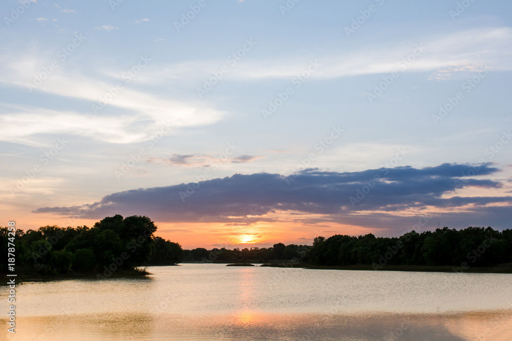 sunrise in the lake, beautiful sunrise above the lake landscape background