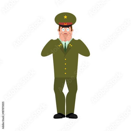 Russian Officer scared OMG. Soldier Oh my God emotion. Frightened Military in Russia. Illustration for 23 February. Defender of Fatherland Day. Army holiday for Russian Federation