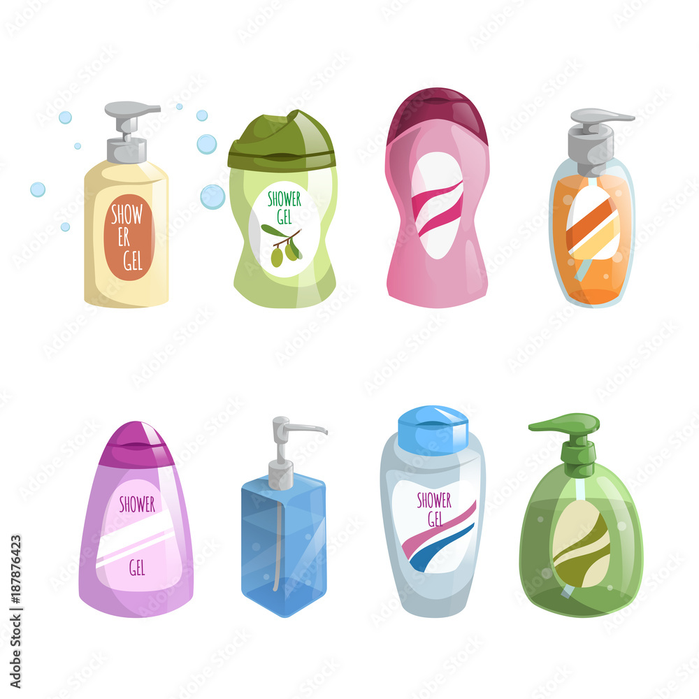 Φωτογραφία Cartoon trendy design different color bath and cosmetic bottles icons set