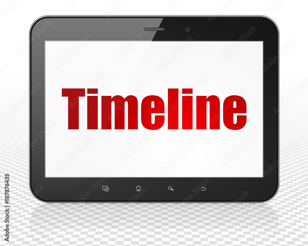 Time concept: Tablet Pc Computer with red text Timeline on display, 3D rendering Time concept: Tablet Pc Computer with red text Timeline on display, 3D rendering