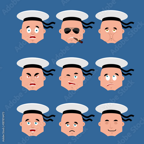 Sailor set emoji avatar. sad and angry face. guilty and sleeping. Russian soldier seafarer Smoking cigar emotion face. Sick Seaman Military in Russia. Illustration for 23 February. 