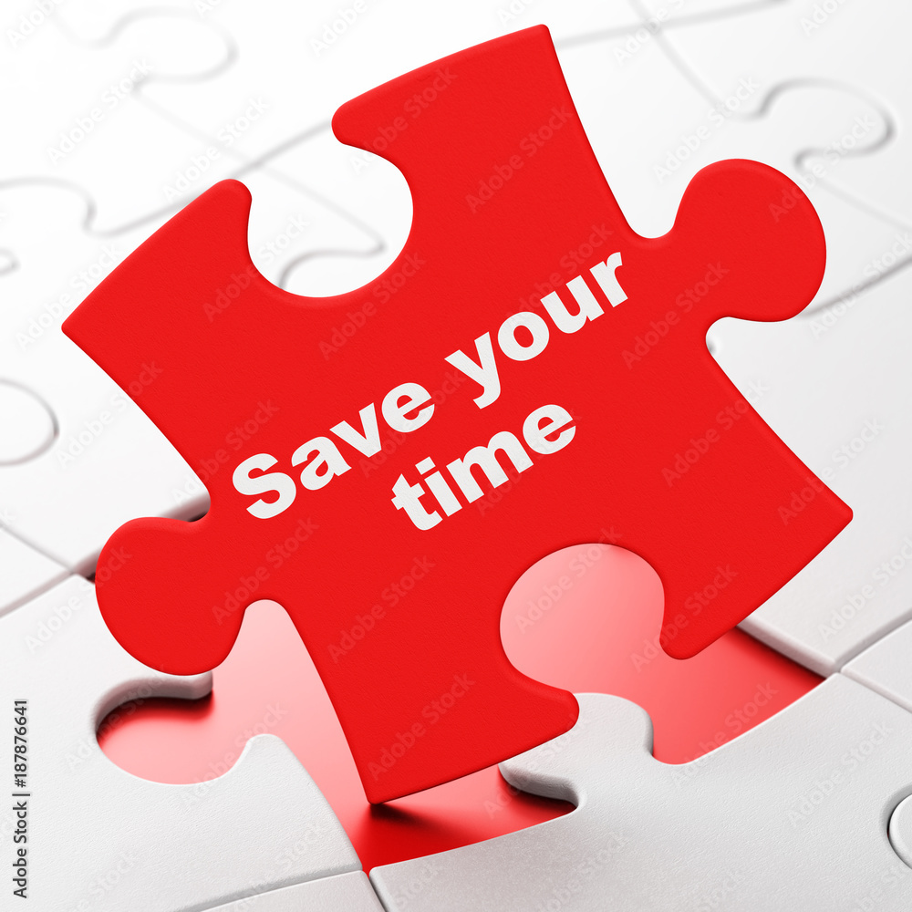 Timeline concept: Save Your Time on Red puzzle pieces background, 3D rendering Timeline concept: Save Your Time on Red puzzle pieces background, 3D rendering