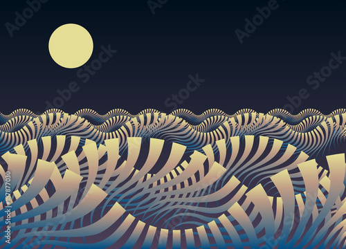 stylized ocean landscape at night in blue shades