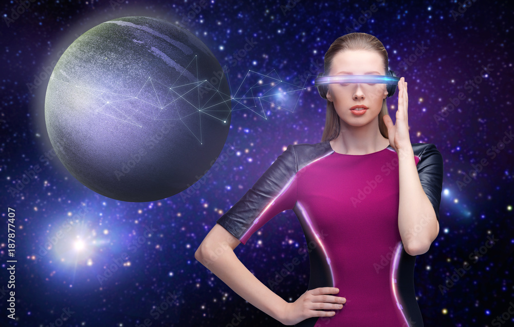 woman in virtual reality glasses over space woman in virtual reality glasses over space