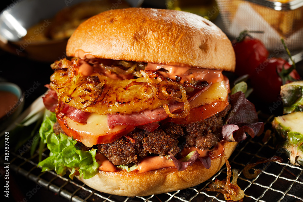 Fotografie Delicious homemade cheeseburger on a wire rack