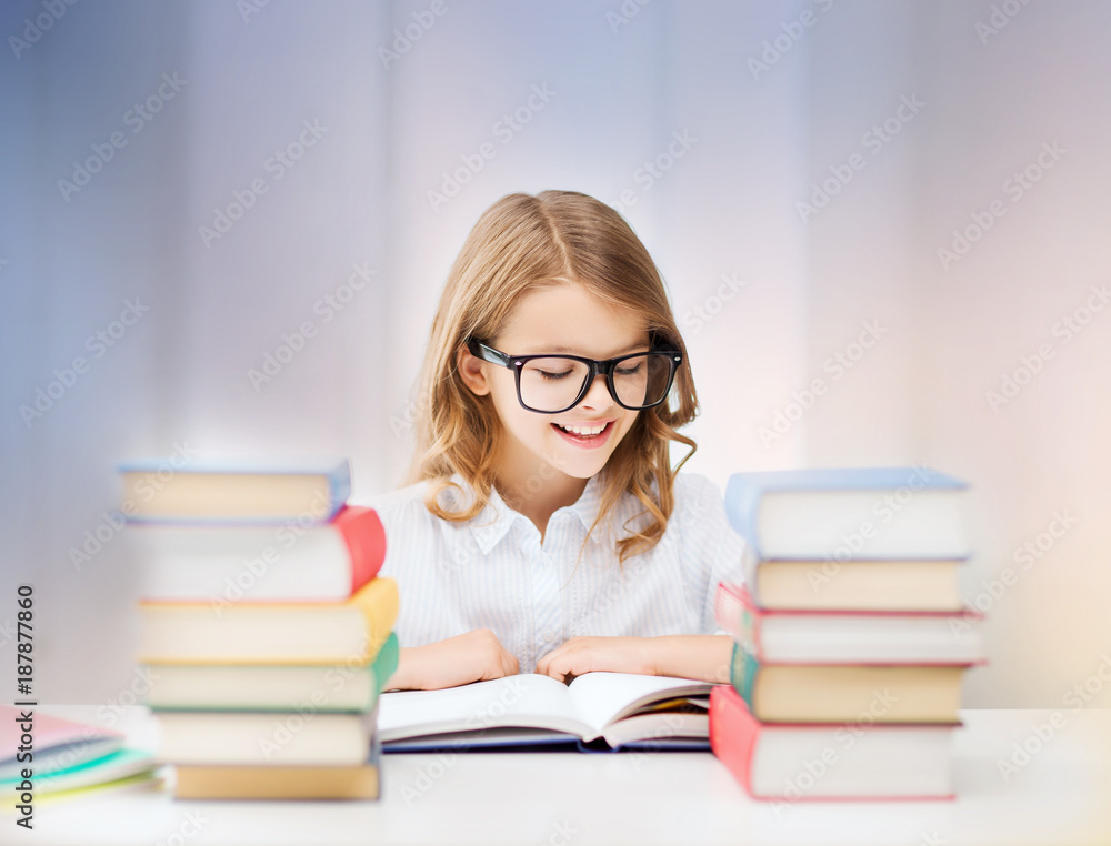 happy smiling student girl reading book happy smiling student girl reading book