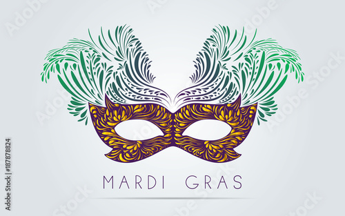 old venetian carnival mask with ornamental floral feather and hand lettering on paisley pattern background, calligraphy raster version illustration