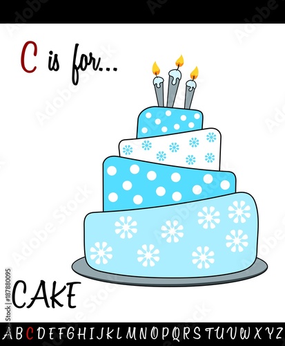 Illustrated vocabulary worksheet card with cartoon CAKE