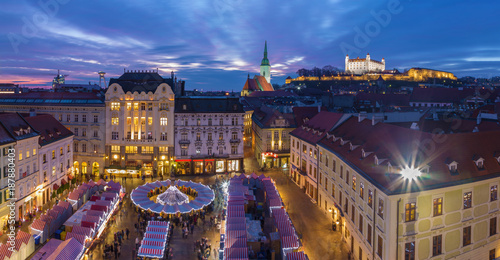 Bratislava - Christmas market on the Main square in evening dusk.