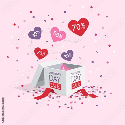 Valentine's day sale symbol with box and flying hearts and confetti isolated on light background. Easy to use for your design with transparent shadows.