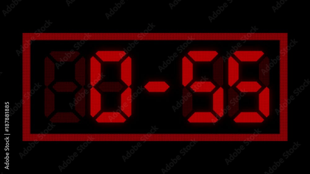 Digital clock timer countdown from sixty seconds to zero. Real time animation in 25 fps, from 60 to 0, one minute counting down. Red digits on black background.