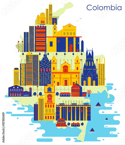 Map of country Colombia with building and famous monument