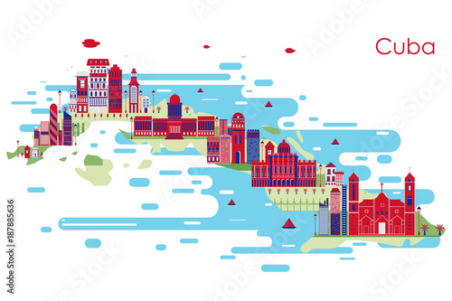 Map of country Cuba with building and famous monument