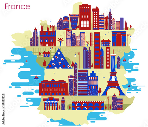 Map of country France with building and famous monument