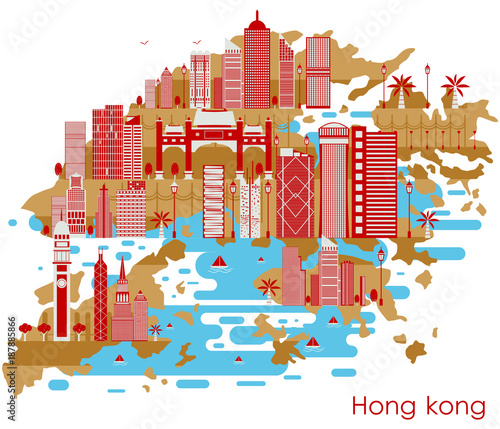 Map of country Hong Kong with building and famous monument