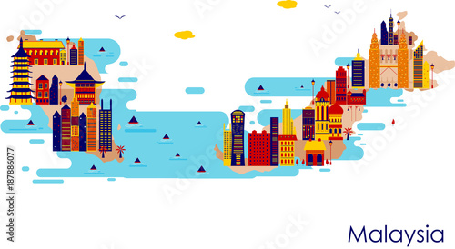 Map of country Malaysia with building and famous monument