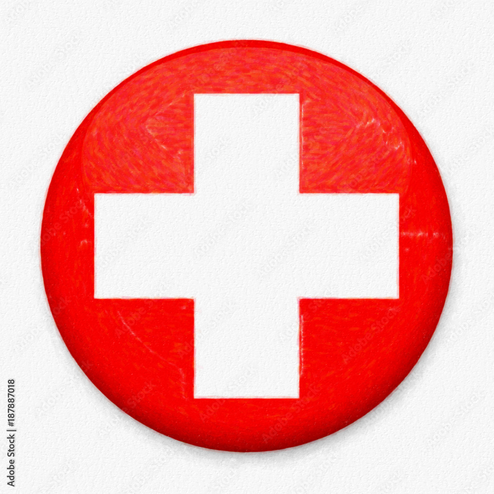 Fototapeta premium Watercolor Flag of Switzerland in the form of a round button with a light glare and a shadow. The symbol of Independence Day, a souvenir, a button for switching the language on the site, an icon.