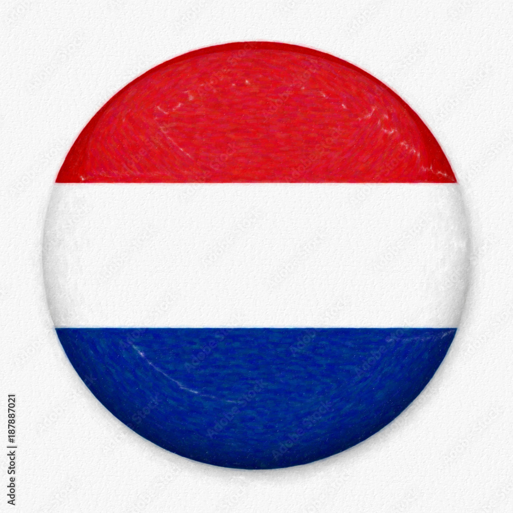 Obraz premium Watercolor Flag of Netherlands in the form of a round button with a light glare and a shadow. The symbol of Independence Day, a souvenir, a button for switching the language on the site, an icon.