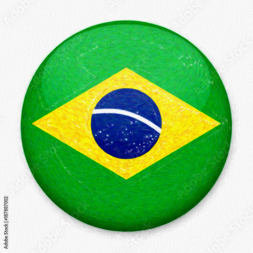 Watercolor Flag of Brazil in the form of a round button with a light glare and a shadow. The symbol of Independence Day  a souvenir  a button for switching the language on the site  an icon.