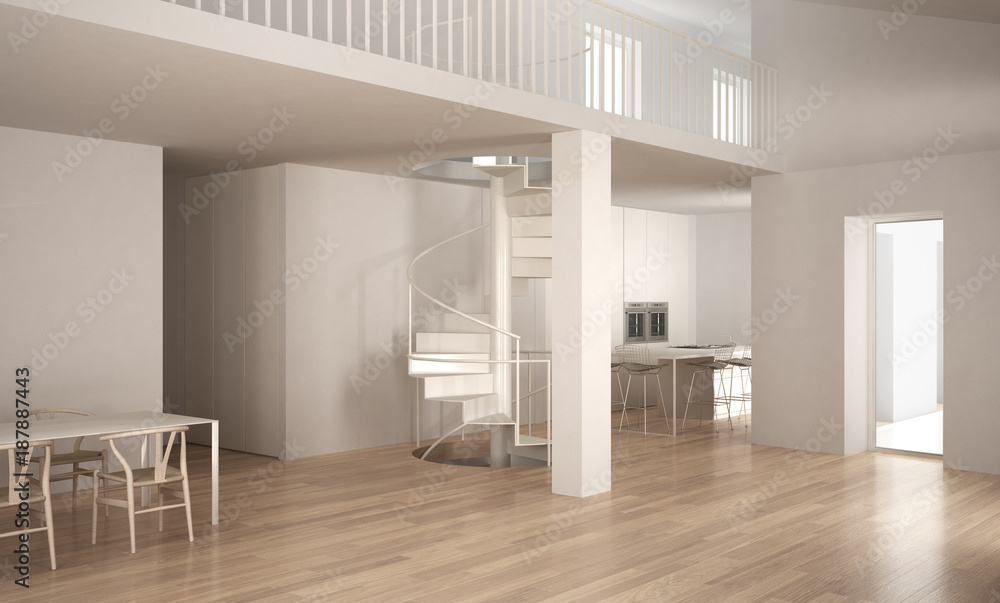 Fototapeta premium Minimalistic stair in modern empty space with kitchen in the background, white architecture interior design