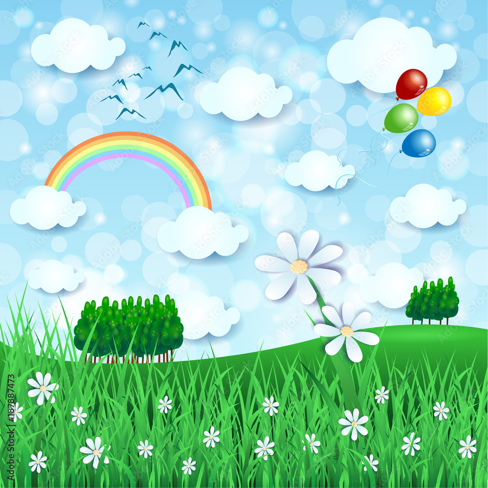 Spring landscape with big flower and balloons