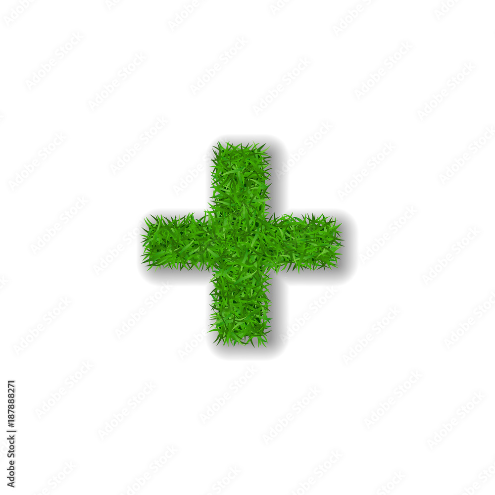 Obraz premium Grass symbol plus. Green plus, isolated on white background. Green grass 3D plus, symbol of fresh nature, plant lawn, summer. Grass texture spring font. Beautiful eco design. Vector illustration