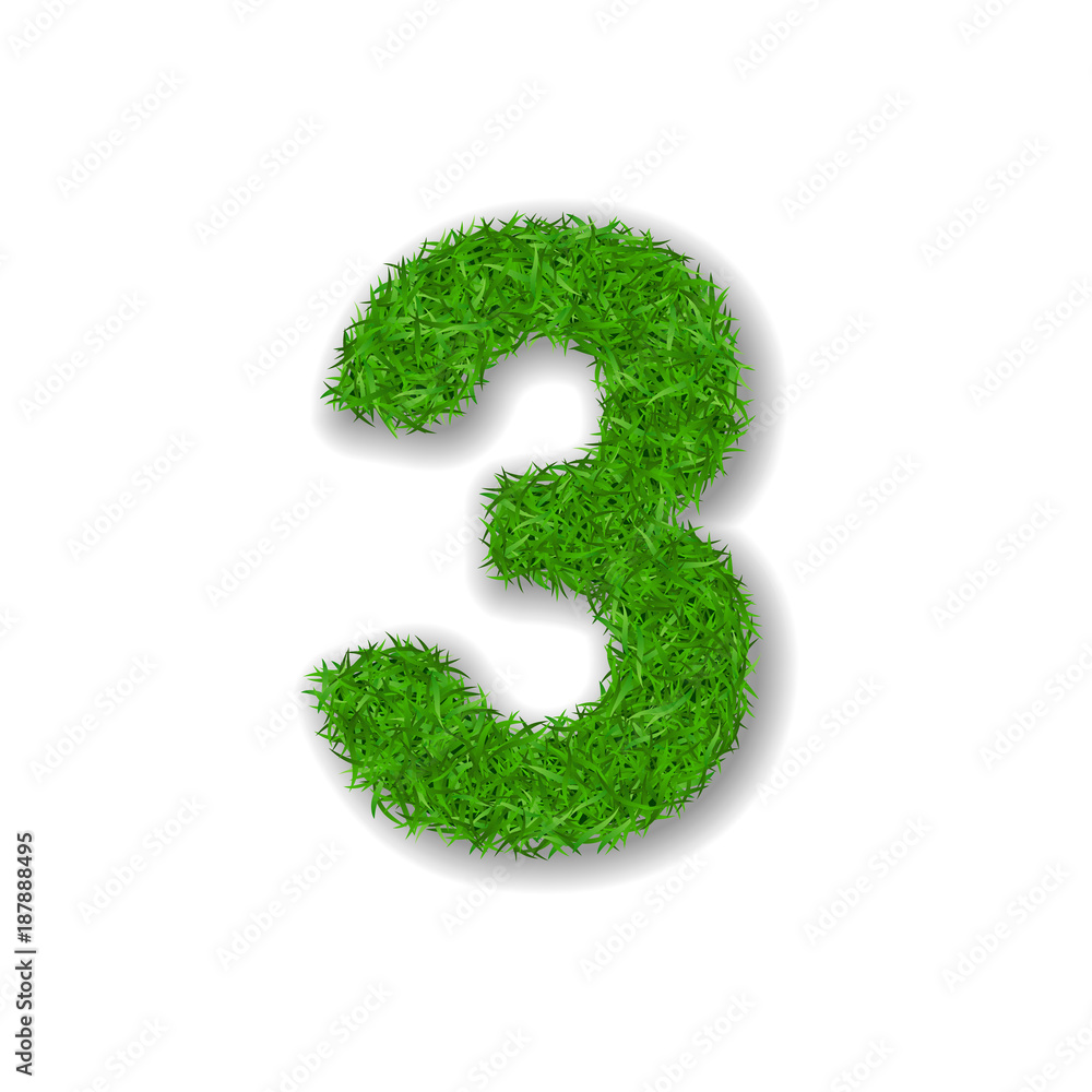 Grass number three. Green 3D number three isolated on white background. Green grass 3, symbol of fresh nature, plant lawn, summer. Grass texture spring font. Beautiful eco design. Vector illustration Grass number three. Green 3D number three isolated on white background. Green grass 3, symbol of fresh nature, plant lawn, summer. Grass texture spring font. Beautiful eco design. Vector illustration