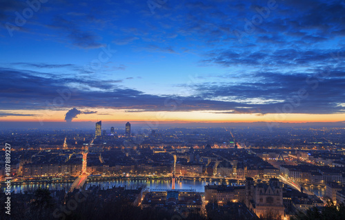 Cloudy dawn over the French city of Lyon. Seen from landmark Fourviere.