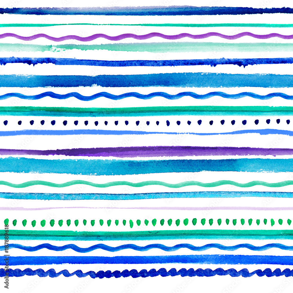 Watercolor background. 2d hand drawn seamless pattern with colorful stripes, dots and waves. Turquoise blue violet ornament. Isolated on white backdrop Watercolor background. 2d hand drawn seamless pattern with colorful stripes, dots and waves. Turquoise blue violet ornament. Isolated on white backdrop