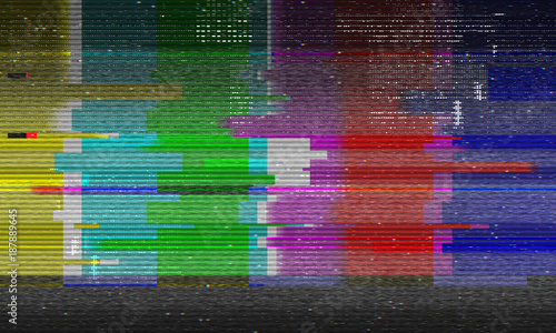 Abstract illustration of distorted tv test color bars. Glitch effect background. Conceptual image of vhs dead pixels.