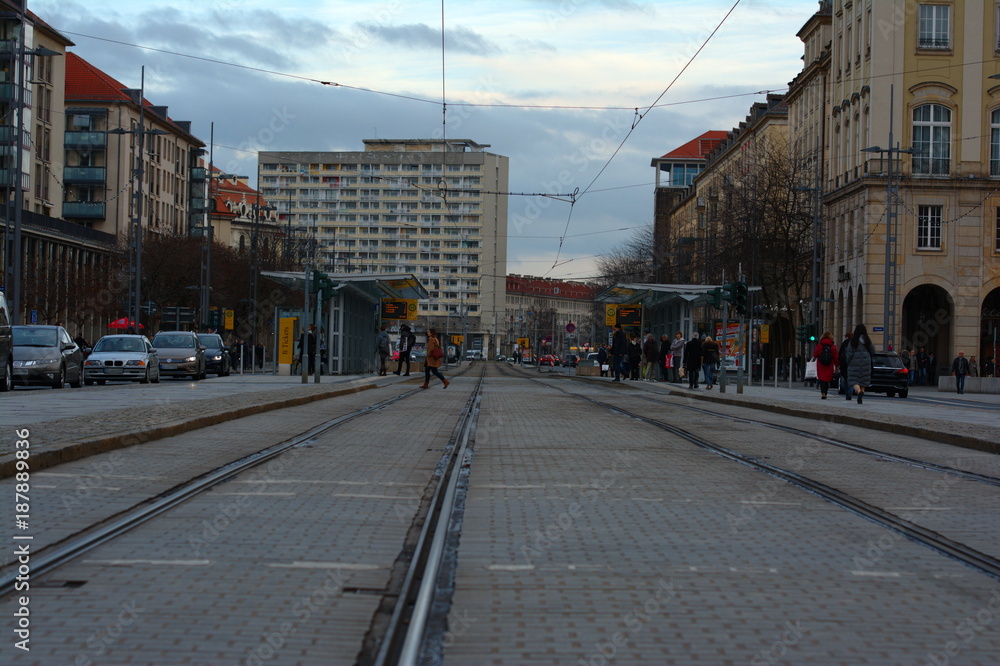 Dresden street, tram station. Cityscape