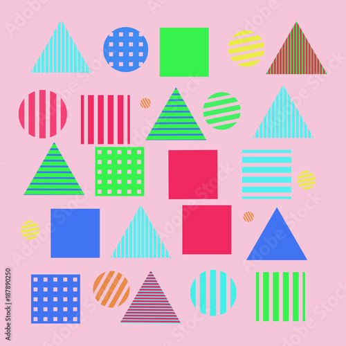 Abstract pattern of quadrangles, triangles,circles, stripes, intertwining.