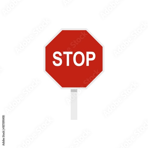 Red stop road sign icon, flat style