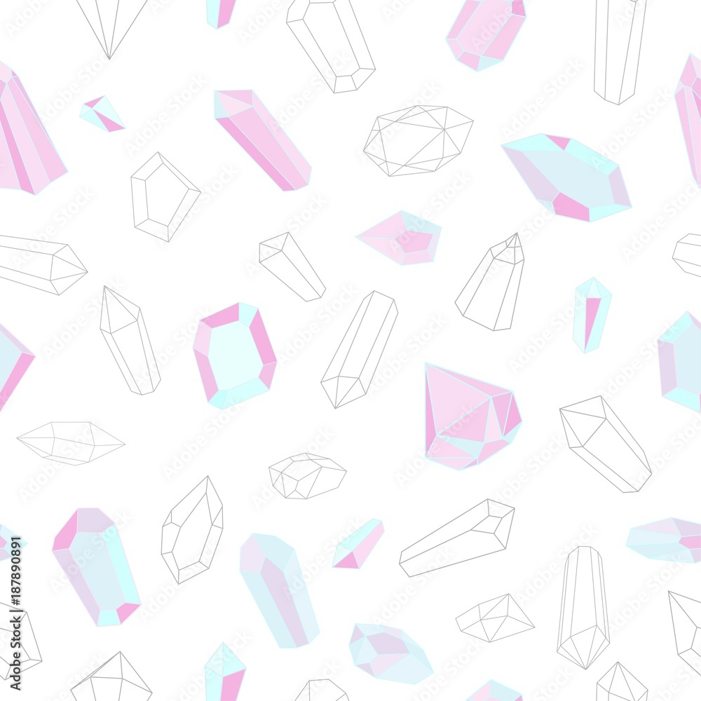 Seamless pattern with crystals, gem and minerals on a white background. Vector illustration. Seamless pattern with crystals, gem and minerals on a white background. Vector illustration.