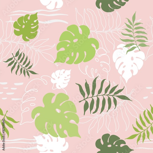 Seamless pattern with tropical leaves. Vector illustration.